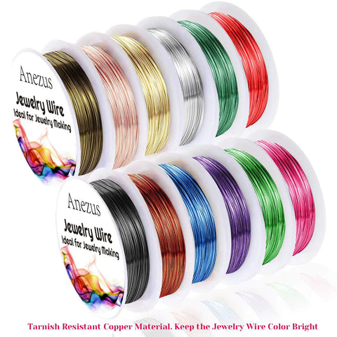 12 Rolls Tarnish Resistant Jewelry Wire Set for Beading and Jewelry Making in 12 colors displayed on spools.