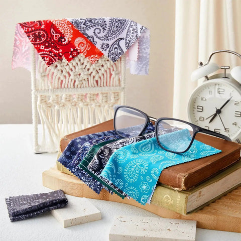 Multicolor Microfiber Cloths For Glasses Lenses And Cameras With Mandala Pattern, displayed with glasses on books