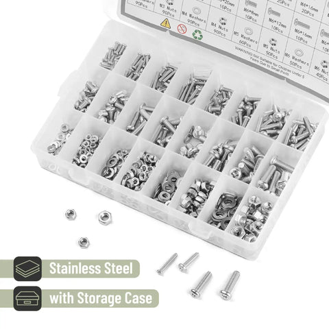 Stainless Steel Nuts And Bolts Assortment Kit, 810 Piece Diy Hardware Set With M3 M4 M5 M6 Phillips Pan Head Screws, Machine Screws, Washers, And Clear Storage Box For Home Improvement Projects visible in open storage box.