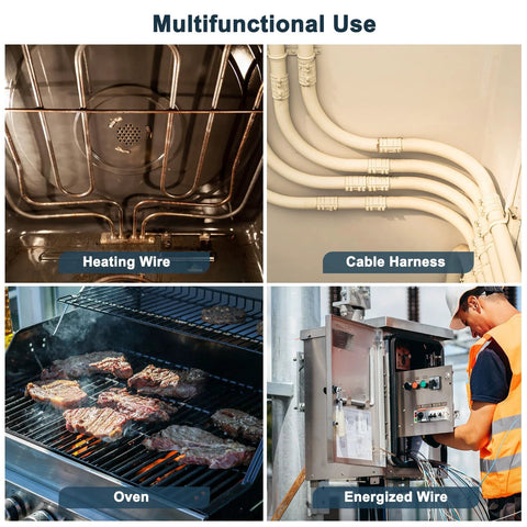 Ceramic tube insulation heating wire coil with copper tubes inside a metal appliance
Ceramic tube insulation cable harness: white insulated wires and inline connectors on wall
Ceramic tube insulation context in oven with steaks grilling on a metal rack
Amazon MECCANIXITY energized wire control panel being operated by a technician
