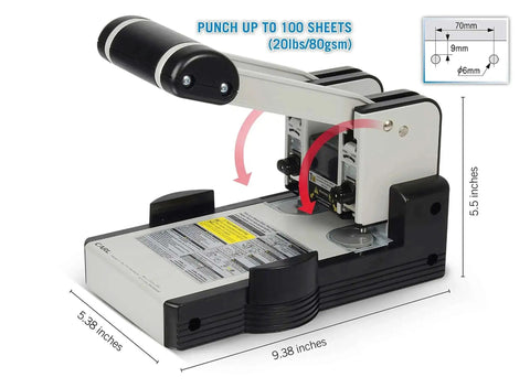 Heavy Duty Two Hole Paper Punch For 100 Sheets Of Paper With Hollow Core Technology And Samurai Steel Heads shown with dimensions.