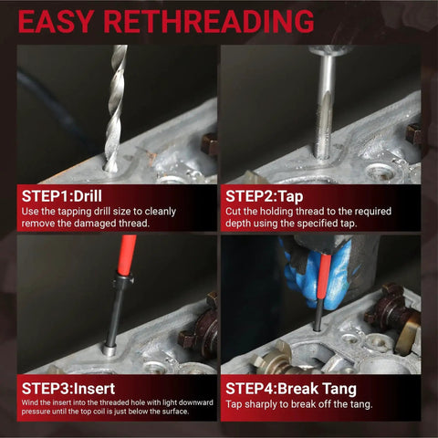 1/4-20 Helicoil Thread Repair Kit With HSS Drill Bit And Thread Inserts showing steps to drill, tap, insert, and break tang.