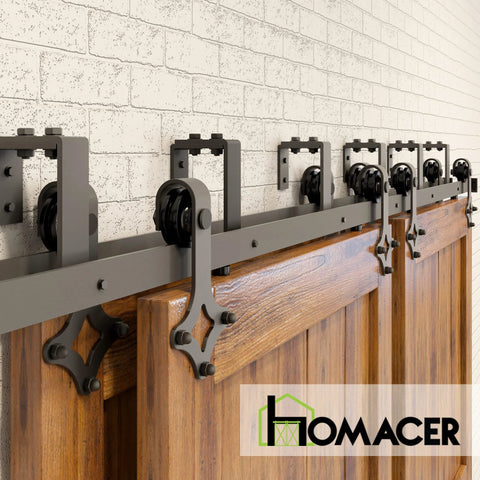 Rustic Black Double Track U Shape Bypass Sliding Barn Door Hardware Kit For Four Doors With 12 Foot Flat Track And Diamond Design Rollers