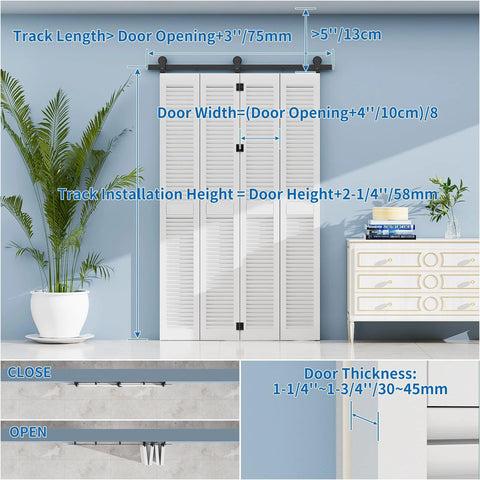 48-Inch Bifold Sliding Barn Door Hardware Kit For Four Doors With Matte Black Top Mount Rollers in a Living Room