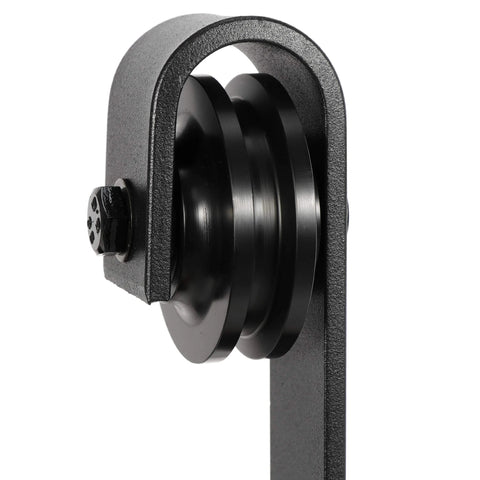 Close-up of J shape roller from Heavy Duty Sliding Barn Door Hardware Kit With Hangers And Track Includes Two 3.3 Ft Tracks Black Carbon Steel