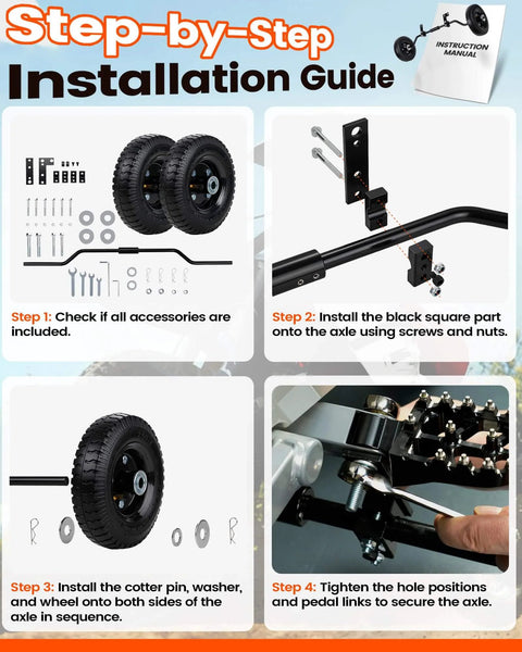 Step-by-step installation guide for Universal Dirt Bike Training Wheels Kit For 49cc And 50cc Kids Dirt Bikes with tools shown.