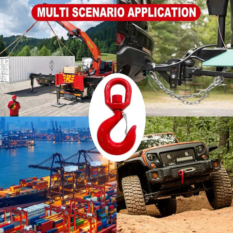 5 Ton Heavy Duty Swivel Hook With Safety Latch 360 Rotation Crane Eye Hook in use for lifting, towing, and securing loads.