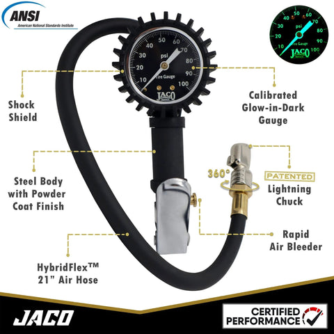 JACO FlowPro tire inflator with gauge, 100 PSI, glow-in-dark dial, steel powder-coated body, HybridFlex 21in air hose