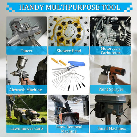 Image showcasing an All-In-One Pro-Grade Carburetor Cleaning Kit with 13 stainless steel wires, 10 needles, 5 brushes, and a sharp pick.