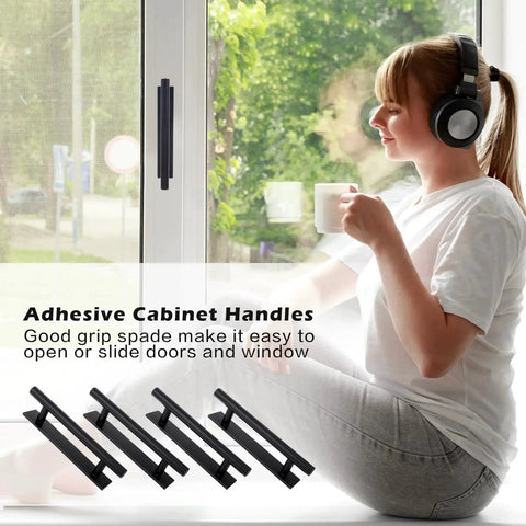 8 Pack Self Adhesive Cabinet Handles In Black ABS Plastic, easy install shown on window, no tools required, includes white adhesive tape.