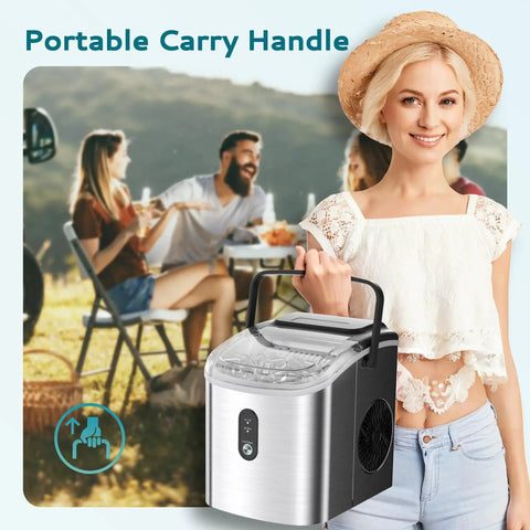 Portable Countertop Ice Maker With Carry Handle 9 Cubes In 6 Minutes Auto Clean with picnic backdrop