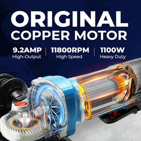 Beast Power 9.2 Amp Corded Angle Grinder 4 And A Half Inch 11800 RPM with tool free guard paddle switch lightweight shockproof handle highlighting internal copper motor and specifications.