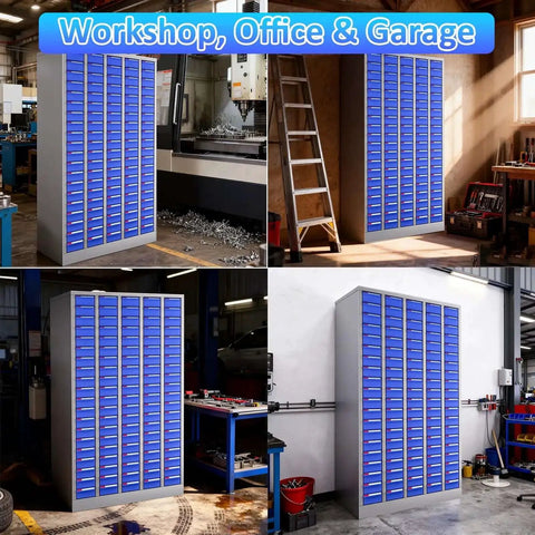 Heavy Duty 100 Drawer Parts Cabinet With Adjustable Dividers And Labels, Steel Hardware Organizer for workshops and garages