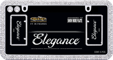 Elegance Chrome License Plate Frame With Diamond Bling And Fastener Caps, 144 Simulated Diamonds displayed in packaging