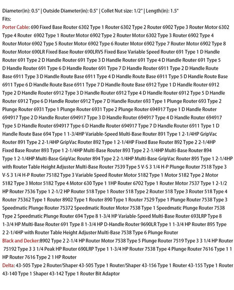 Compatibility chart for 1/2 Inch Router Collet Replacement For Porter-Cable 690 890 Series Routers showing compatible models.