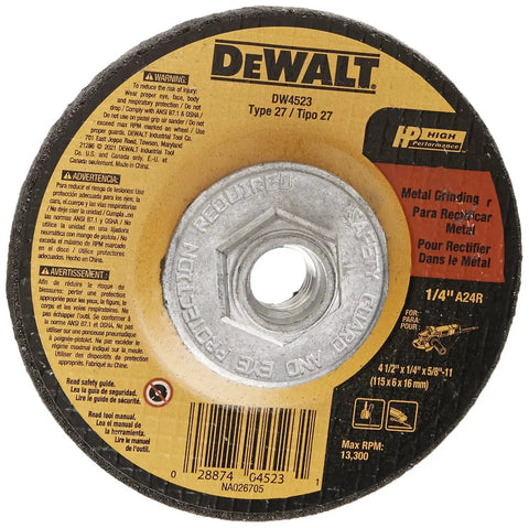 Premium General Purpose Metal Grinding Wheel For 4 1/2 Inch Discs 4 1/2 Inch By 1/4 Inch By 5/8 Inch With Aluminum Oxide Grain For Long Life And Aggressive Material Removal, Dewalt Quality shown close-up with labeled details.