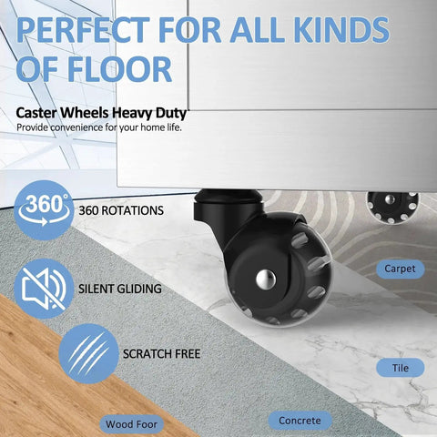 Beefy Heavy Duty 2 Inch Ball Caster Wheels Set Of 4 With 1200 Lbs Capacity shown rolling smoothly on hardwood, carpet, and tile.