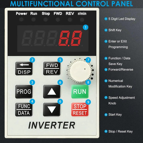 Multifunctional control panel for 220V Single Phase To 3 Phase VFD Inverter, featuring speed adjustment knob and display screen.