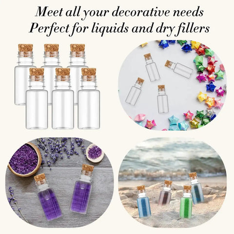 100 Pack Mini Plastic Bottles With Cork Stoppers And Eye Screws Craft Kit on display with colorful fillers and sand art examples
