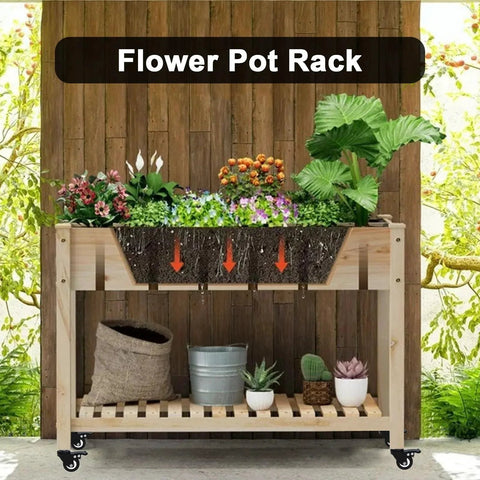 Flower pot rack with colorful plants on wooden stand with storage below, featuring stem caster set of four with one and a half inch stem.