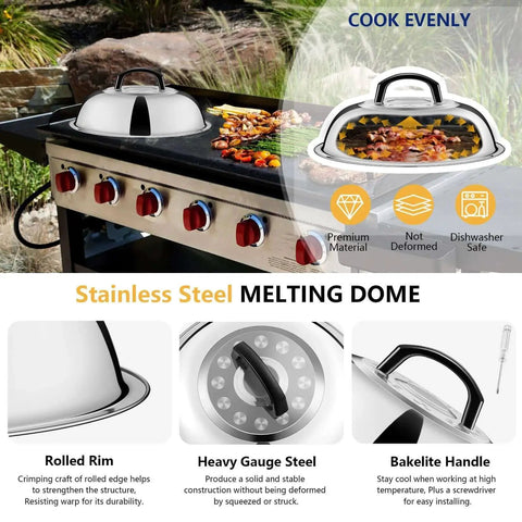 All In One Griddle Accessories Kit For Outdoor BBQ Cooking With Smash Burger Press And Stainless Steel Spatulas For Blackstone Joyfair Flattop Griddle 18 Piece Set With Carrying Bag Basting Cover And More showing stainless steel melting dome on grill.