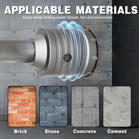 22 Piece Concrete Hole Saw Kit With 30mm To 110mm Hole Saws SDS Plus And SDS Max Connecting Rods Alloy Steel in use with concrete