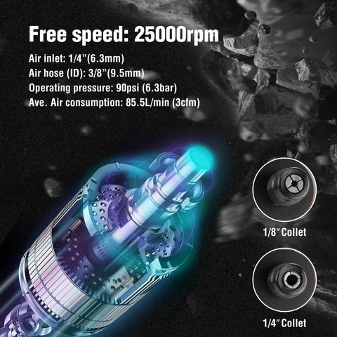 Powerful One Quarter Inch Pneumatic Straight Die Grinder With 25,000 RPM showing internal mechanism and collets