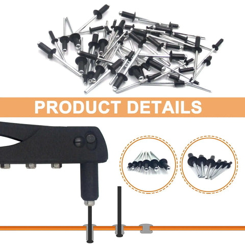 225 Piece Black Aluminum Blind Rivets Assortment Kit With Workhorse Hand Riveter And Rivet Gun Tool Includes 6 Sizes Pop Rivets
