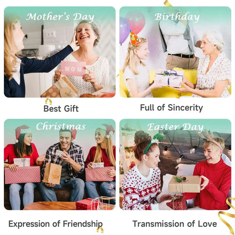 Collage of gift exchanges on Mother's Day, Birthday, Christmas, and Easter Day, showing various expressions of joy and celebration.