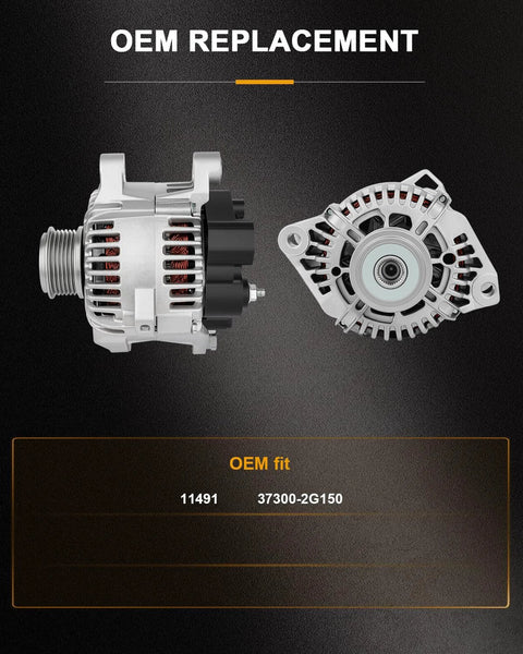 Alternator For Hyundai Sonata 2.4L 2010 2011 2012 2013 And Kia Optima 2.4L 2011 2013, 100 Amp 12 Volt Clockwise, front and side view