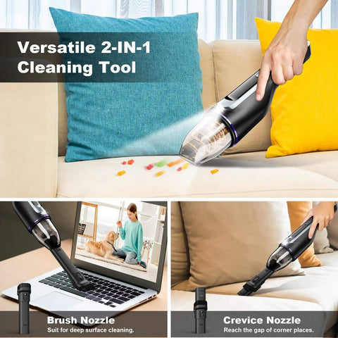 Ultra Lightweight Cordless Handheld Vacuum With Brushless Motor And 14000 Pa Boss Level Suction 1.2 Lb Weight Slim LED Light One Hand Clean Perfect For Car Home And Office Pet Hair in use on sofa with dual nozzle attachments