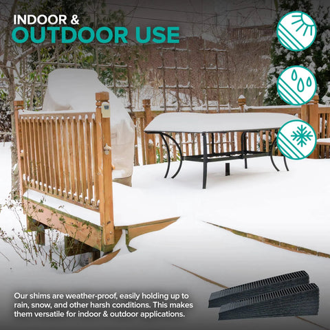 24 Pack Hard Composite Shims For Home Improvement And Leveling Never Rot Stackable Shims shown in outdoor snowy patio setting
