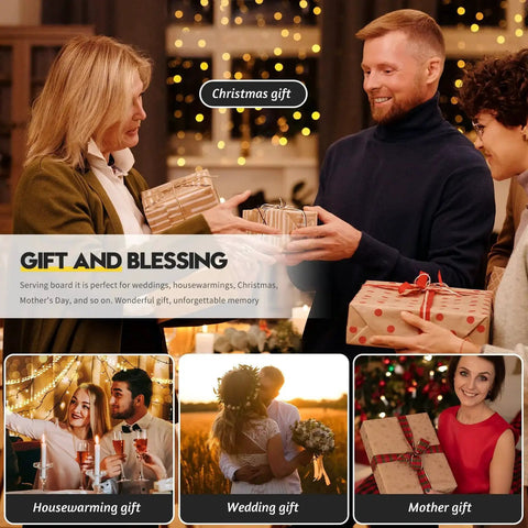 Group exchanging gifts in a warmly lit room with individuals holding wrapped presents, suggesting a celebration or holiday.