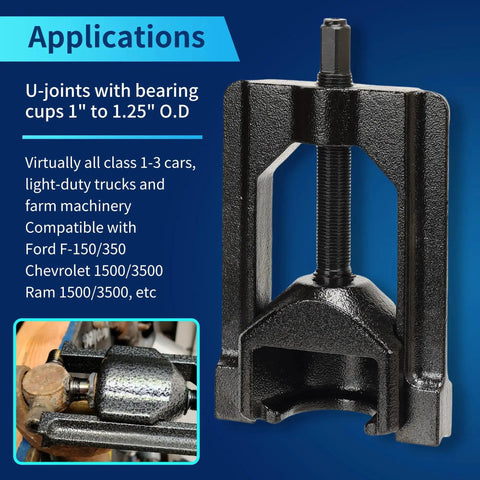 U Joint Puller Universal Joint Extractor For Automotive And Trucks Class 1 3 displayed with compatible bearing sizes and vehicles.