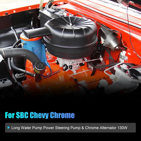 Installed Long Chrome Water Pump, Power Steering Pump, and 130W Chrome Alternator Kit for Small Block Chevy SBC 283 327 350 LWP Engines