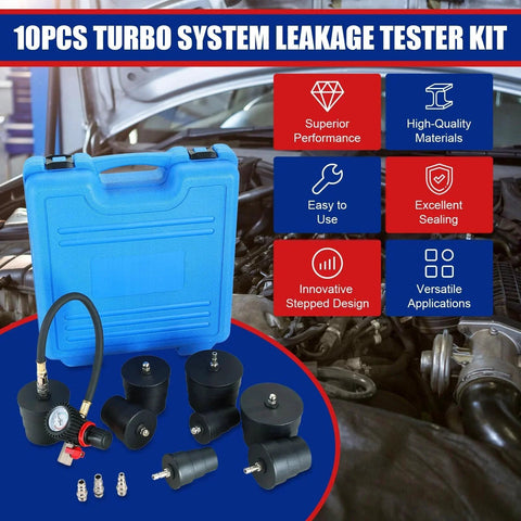 Pro Grade Turbo System Leak Tester Kit with 10 piece pressure tester and four step adapter set in blue case for turbocharger use