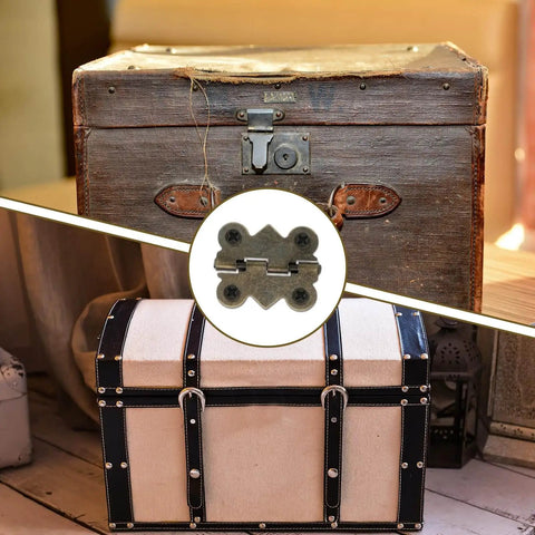 12Pcs Antique Bronze Butterfly Hinges 0.79 x 0.67 Inch With 48 Screws shown on a vintage wooden box and a fabric-covered box.