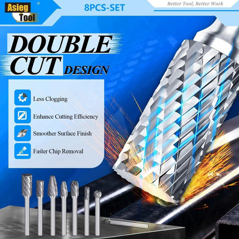 Close-up of 8 Piece Carbide Burr Set With 1 Quarter Inch Shank Double Cut Tungsten Carbide Rotary Files for metalworking