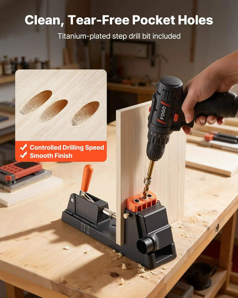 Lightweight Pocket Hole Jig Kit With One Half Inch To One And A Half Inch Adjustable Depth Dust Collection Adapter in use