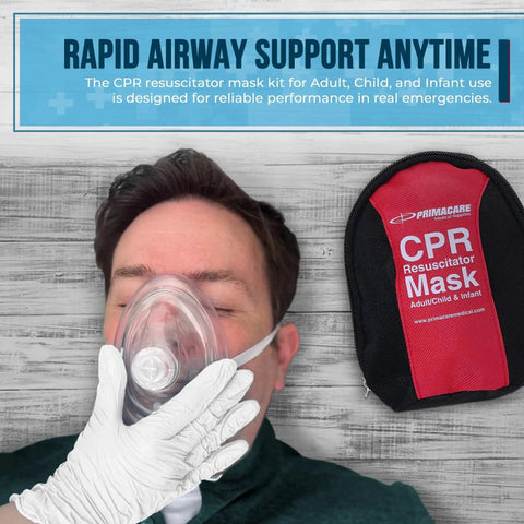 Person using Essential CPR Mask Kit For Adults And Infants Grab-And-Go Emergency Resuscitator Set with carrying case Primacare RS-6848