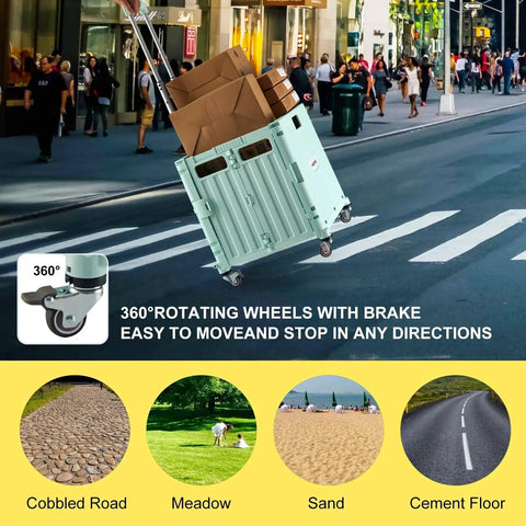 Foldable Utility Cart With Lid And Four 360 Degree Wheels Portable Handcart in use on city street, showcasing maneuverability on different terrains.
