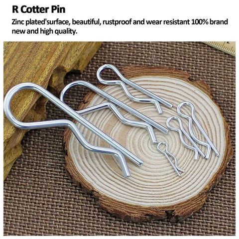24 Piece Cotter Pin Assortment Kit With R Clips Heavy Duty Zinc Plated Spring Fasteners displayed on wooden surface