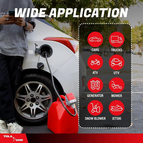 5th Gen Fuel Transfer Pump with Overfill Protection 2.7 GPM Universal Gas Can Adapter in use transferring fuel to a car