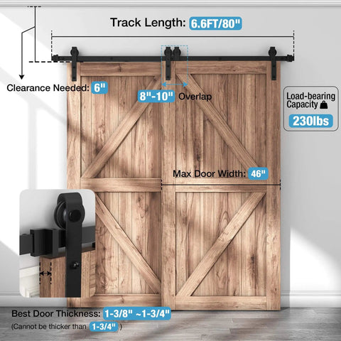 6.6FT Single Track Bypass Barn Door Hardware Kit, Black, Wall Mounted Sliding Door System For Narrow Ceilings, Easy Install