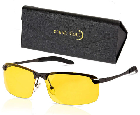 Polarized Night Driving Glasses Anti Glare For Enhanced Night Vision with yellow tint lenses and black metal frame, case included