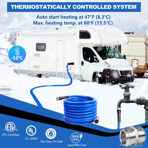 XPORTION heated RV water hose, blue coil, 25 ft, 3/4 in NH fittings, self-regulating, -50F protection