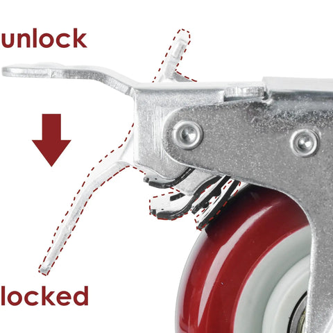 Close-up of Heavy Duty 3 Inch Caster Wheels Set Of 4 With Brakes Locking Swivel Casters, showing brake pedal and wheel mechanism.