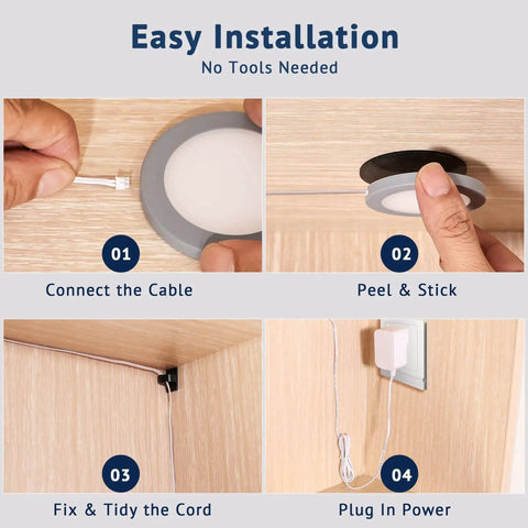 Installation steps for Smart Under Cabinet Puck Lights 4 Pack With App Control Voice Assistant And Motion Sensor Dimmable 2700K To 6500K Plug In.
