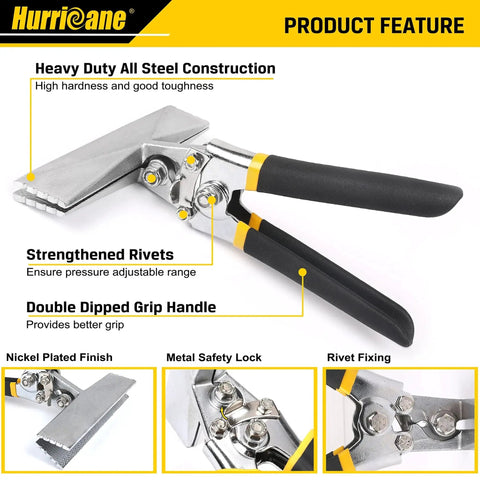 6 Inch Straight Jaw Sheet Metal Hand Seamer for Flattening and Bending Ducts, Precision Quarter Inch Increments, Double Dipped Cushion Handle, Non Slip Grip for HVAC Pros, Ductwork Pliers for Seam Strength and Versatility Hurricane, shown with heavy duty construction and grip details.