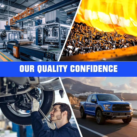 Collage of automotive manufacturing, metal forging, mechanic under car, and blue truck on coastal road promoting quality confidence.